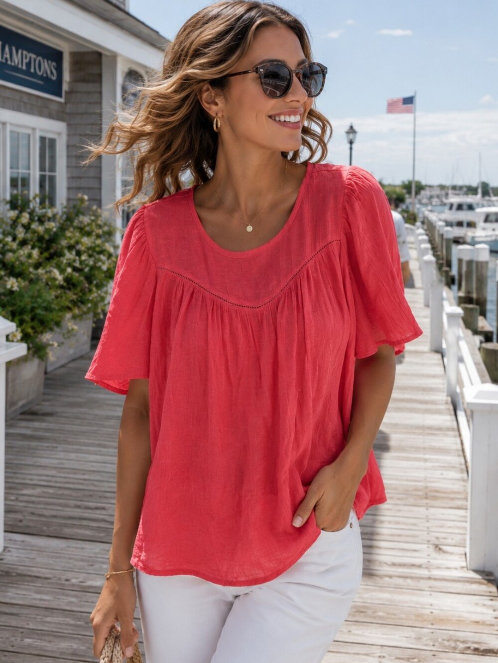 Nanette Lepore Coral Pink Flutter Sleeve Blouse XL | Boho Chic Textured Top